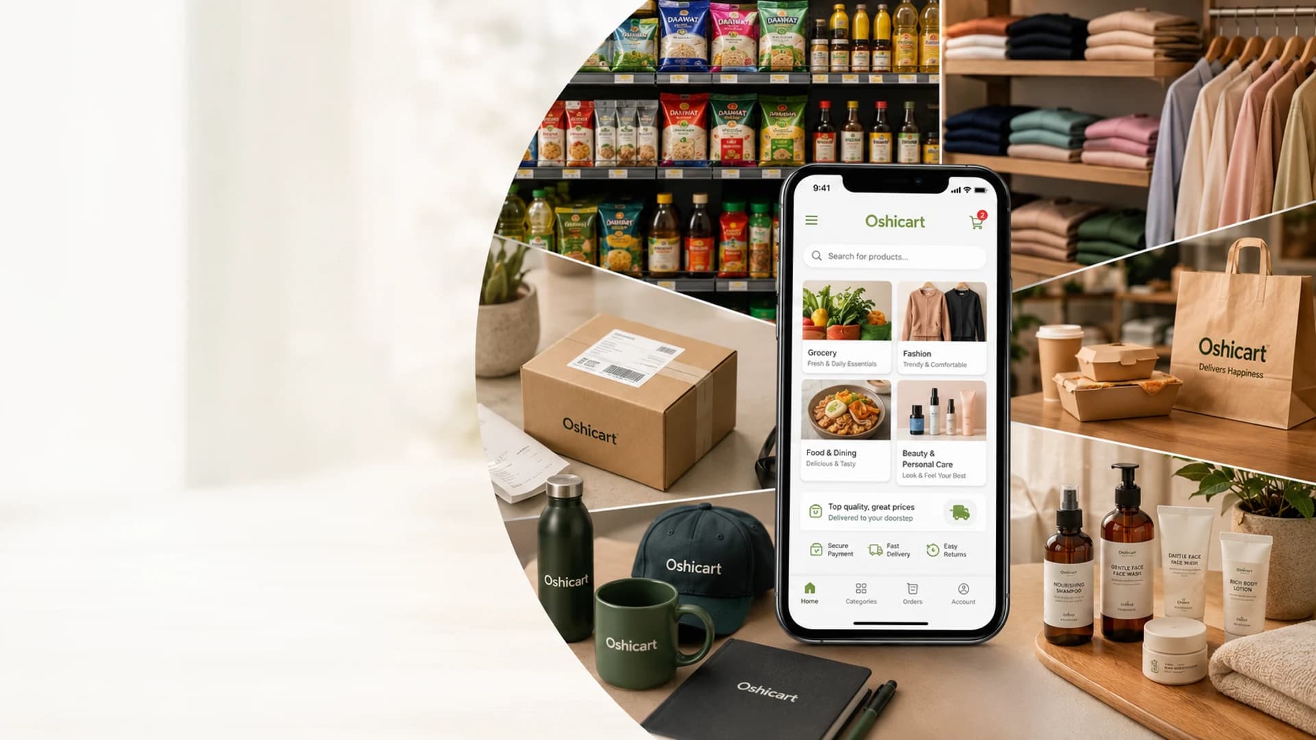 OshiCart serving shops, clothing stores, restaurants, market sellers, beauty businesses, and delivery orders
