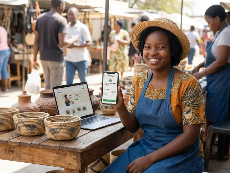 Namibian merchant showing OshiCart store on phone with craft products