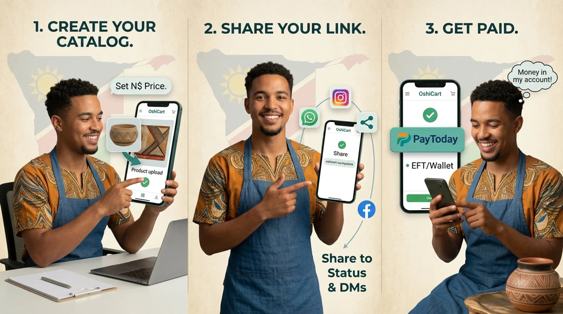 How It Works: 1. Create Your Catalog, 2. Share Your Link, 3. Get Orders and Payments