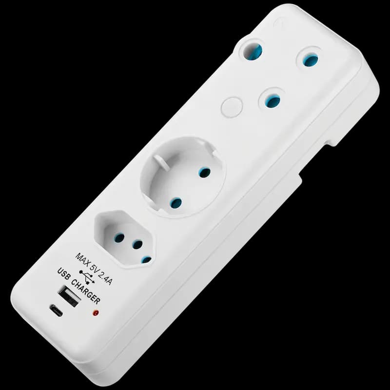 Ellies 3-Way Schuko Adaptor with Type-C + USB - White