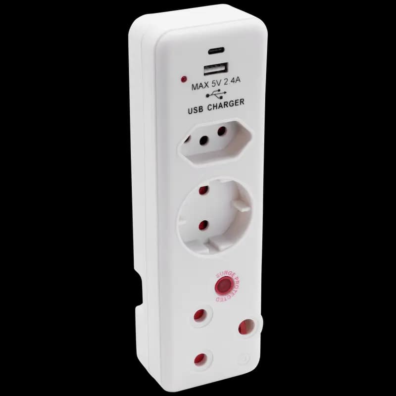Ellies 3 Way Medium Surge adaptor Schuko,with type C + USB