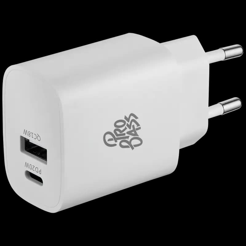 Pro Bass Rapidcharge Series 20w+18w Dual USB and Type-C Wall Charger - White