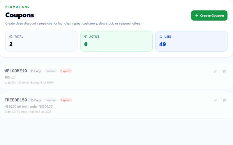 Coupons and promos — real OshiCart dashboard screenshot