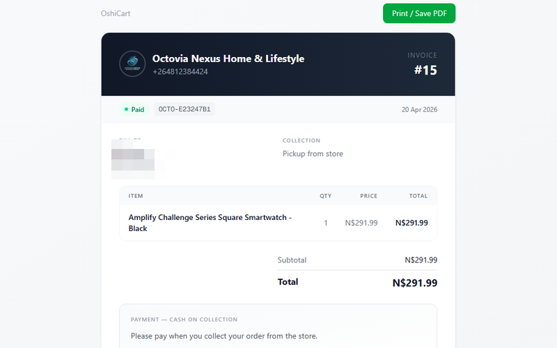 Invoices and VAT — real OshiCart dashboard screenshot
