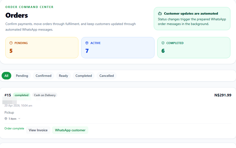 Clean WhatsApp orders — real OshiCart dashboard screenshot