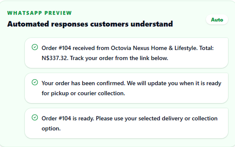 Automated WhatsApp replies — real OshiCart dashboard screenshot
